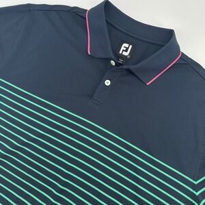 FootJoy Mens XL ProDry Golf Polo Navy Blue Green Striped Pink Trim Performance